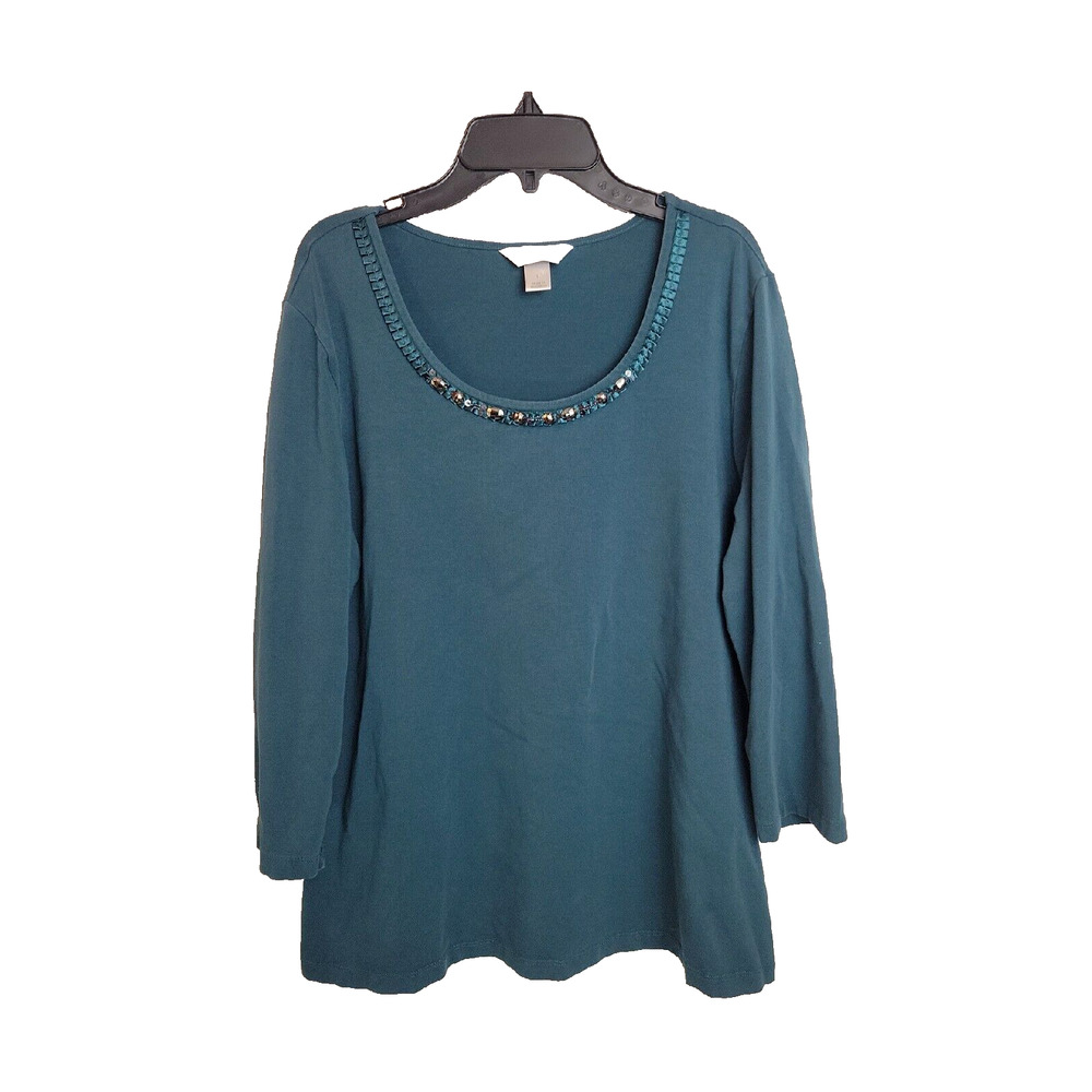 Christopher & Banks Green Sequin Rhinestones Long Sleeve Top Women's‎ Size Large